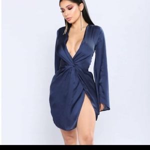 Navy Fashion Nova Sugar Land Satin Dress (L)